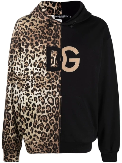 Dolce & Gabbana Leopard-print Spliced Dg Logo Hoodie In Leo Senza Logo