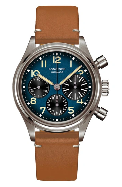 Longines Aviation Bigeye Automatic Chronograph Leather Strap Watch, 41mm In Blue/brown
