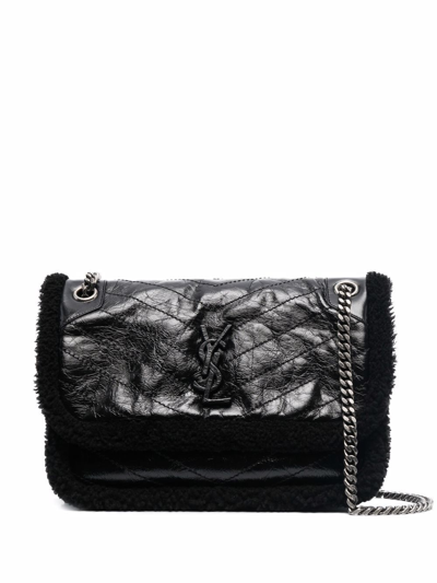 Saint Laurent Niki Medium Shearling-trimmed Quilted Crinkled-leather Shoulder Bag In Black