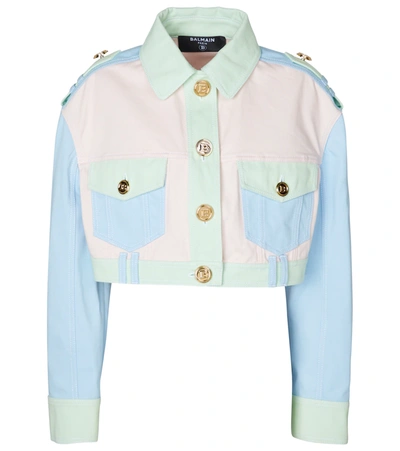 Balmain Patchwork Cropped Denim Jacket In Multi ModeSens