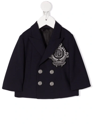 Balmain Babies' Double-breasted Logo-embroidered Jacket In Blu