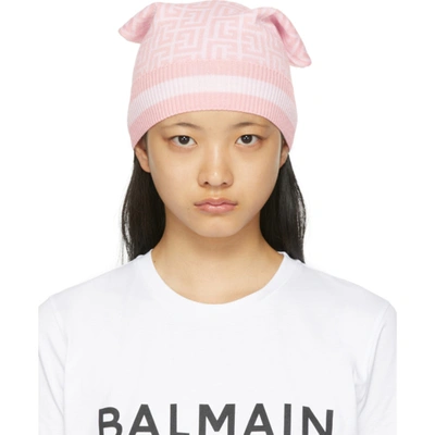 Balmain Woman Monogram Beanie In Pink And White Wool In Multicolore