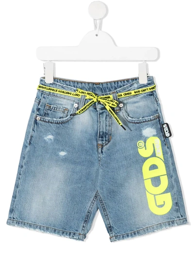 Gcds Teen Logo-print Denim Shorts In Blue