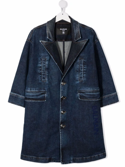 Balmain Kids' Unisex Denim Trench Coat In Blue