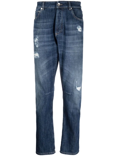 Brunello Cucinelli Five-pocket Leisure Fit Trousers In Old Denim With Rips In Dark Blue