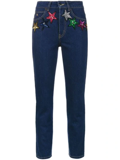 Attico Sequin Stars High Waisted Cropped Jeans In Blue