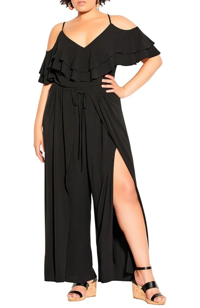 City Chic Cold Shoulder Split Leg Jumpsuit In Black