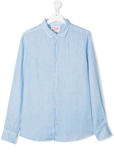 Mc2 Saint Barth Teen Long-sleeve Linen Shirt In Blue