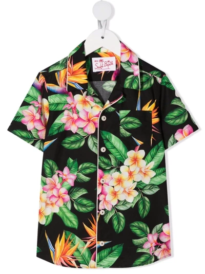 Mc2 Saint Barth Kids' Tropical-print Short-sleeve Shirt In Black