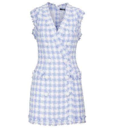 Balmain Double-breasted Checked Cotton-blend Tweed Mini Dress In Light Blue