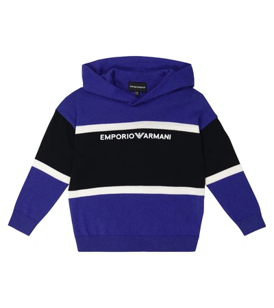 Emporio Armani Kids' Hooded Cotton & Wool Knit Jumper In Blue