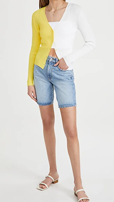 Staud Color Block Ribbed Cardigan Sweater In Yellow/white