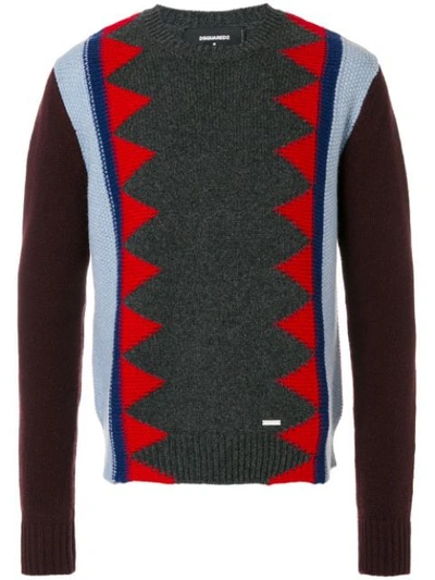 Dsquared2 Contrast Knit Patterned Sweater In Steel Grey