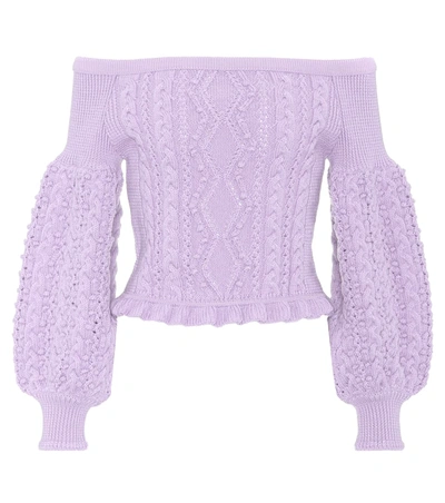 Valentino Off-the-shoulder Virgin Wool Cable-knit Jumper In Lilac