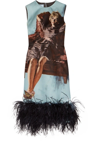 Prada Feather-trimmed Printed Wool And Silk-blend Dress In Nube+avio+nerogrigio