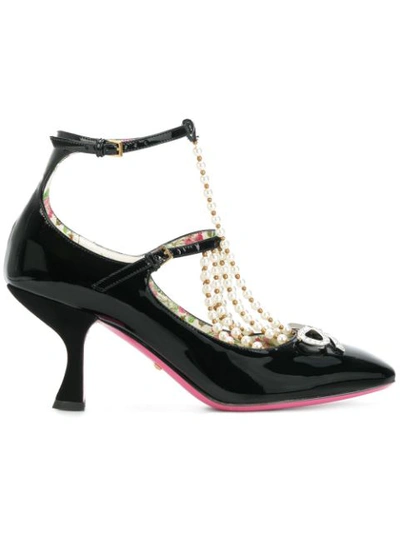 Gucci T-strap Leather Pump With Pearls In Black