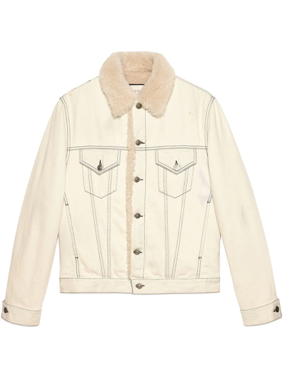 Gucci Shearling Lined Denim Jacket With Sketch Snake Print In White