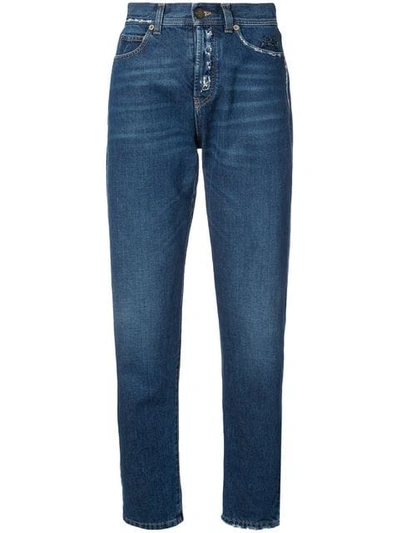 Saint Laurent Distressed High-rise Slim-leg Jeans In Blue