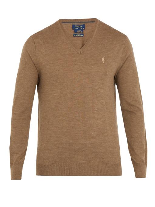 Polo Ralph Lauren V-neck Logo-embroidered Wool Sweater In Camel | ModeSens