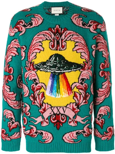 Gucci Embroidered Appliquéd Wool-jacquard Sweater In Green