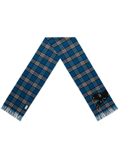 Gucci Check Wool Scarf With Wolf In Royal