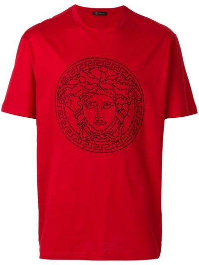Versace Embroidered Medusa Motif T-shirt In Red