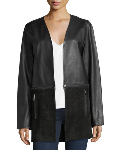 J Brand Emory Open-front Zip-off Leather & Suede Jacket In Black