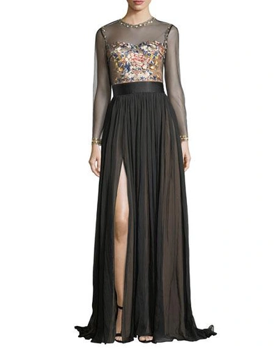 Catherine Deane Jocelyn Evening Gown W/ Embroidered Illusion Bodice & Pleated Skirt In Black/almond