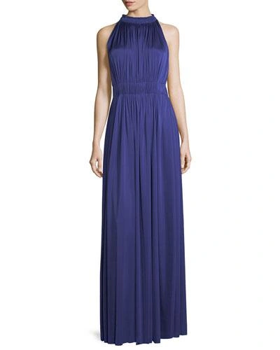 Catherine Deane James Halter-neck Sleeveless Pleated Evening Gown In Sapphire