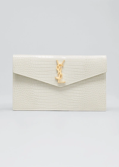 Saint Laurent Uptown Medium Ysl Monogram Croc-embossed Pouch Bag In Crema Soft