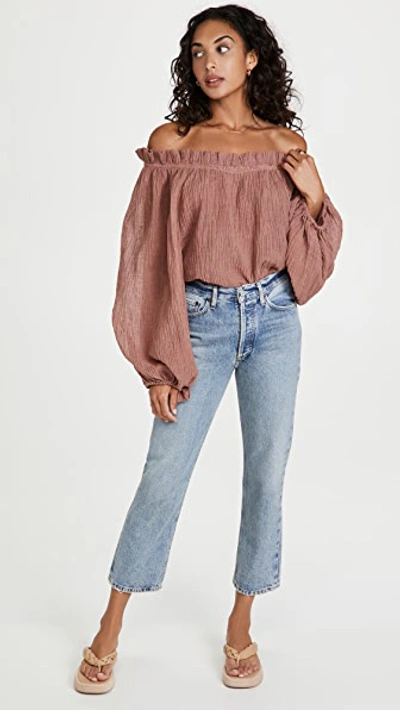 Tory Burch Off-the-shoulder Linen And Cotton-blend Gauze Blouse In Wood Rose