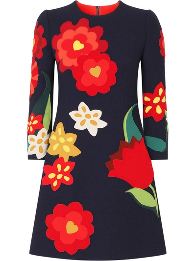 Dolce & Gabbana Short Crepe Dress With Floral Patches In Blue