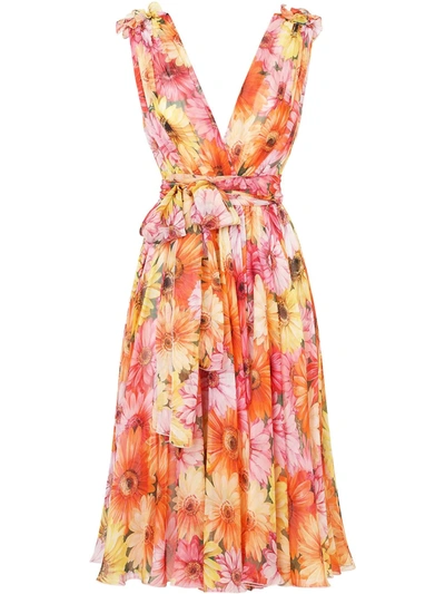 Dolce & Gabbana Chiffon Midi Dress With Gerbera-daisy Print In Gerbere Pop Fverde