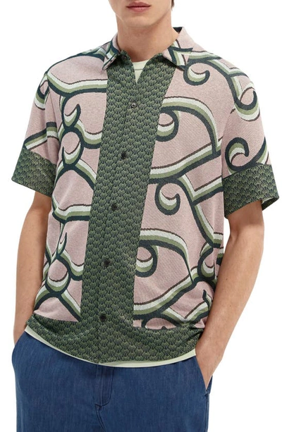 Scotch & Soda Jacquard Knit Short Sleeve Button-up Shirt In Green