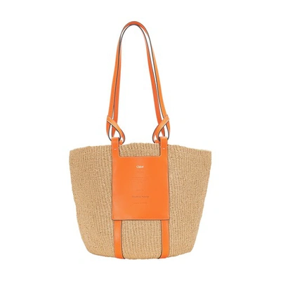 Chloé +net Sustain Leather-trimmed Raffia Basket Bag In Radiant Orange