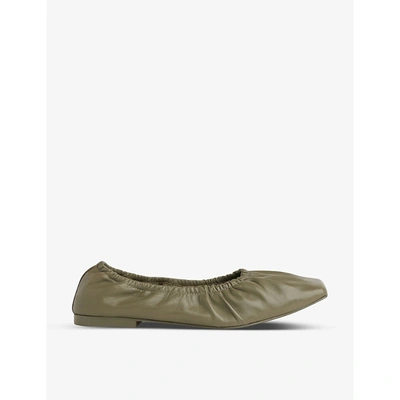 Whistles Ione Soft Ruched Square Toe Flats In Khaki/olive