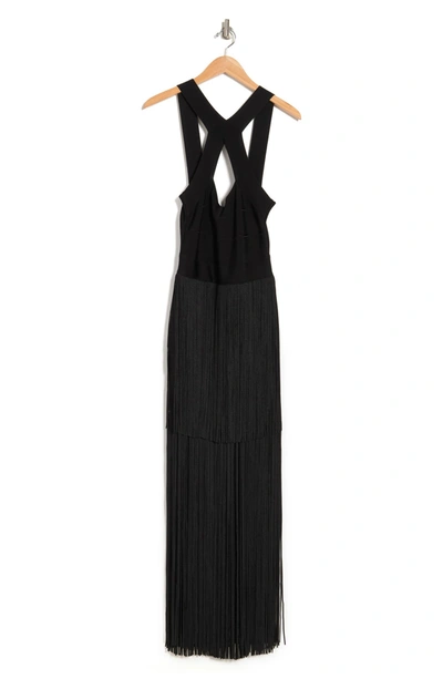 Herve Leger Cross Neck Fringe Gown In Black | ModeSens