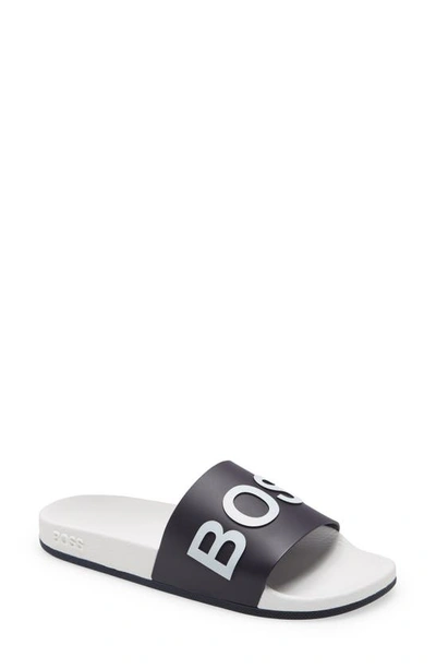 Hugo Boss Boss Logo Slides In Navy/ White