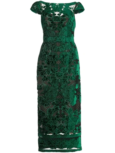 Marchesa Notte Cap Sleeve Velvet Cutwork Tea-length Dress In Emerald
