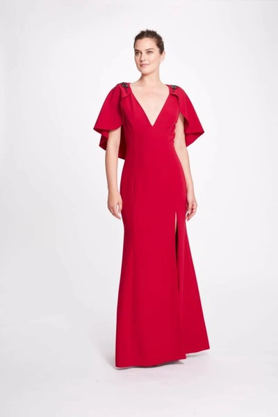 Marchesa Notte Short Sleeve V-neck Stretch Crepe Gown In Red