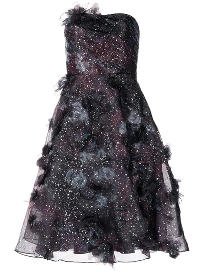 Marchesa Notte Strapless Printed Organza Fit-&-flare Dress In Black