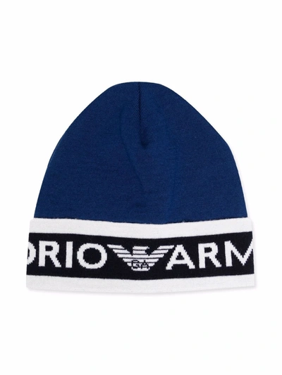 Emporio Armani Kids' Intarsia-knit Logo Beanie In Blue