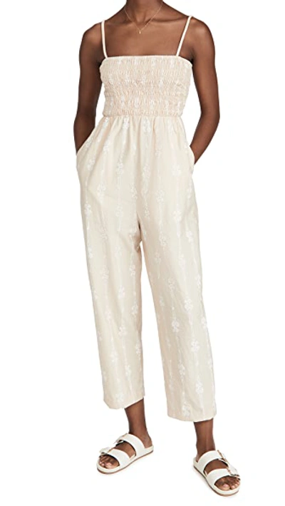 Rebecca Taylor Smocked Cotton Sleeveless Jumpsuit In Marzipan Combo