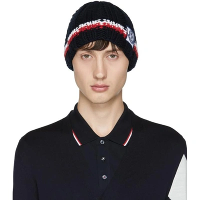 Moncler Navy Cashmere Striped Beanie