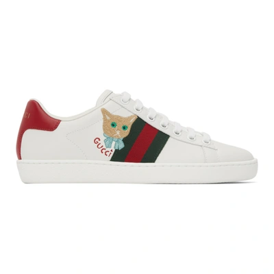 Gucci White Cat Ace Sneakers In 9065 Bianco/bia/vrv/