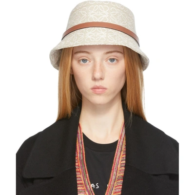 Loewe Leather-trimmed Embroidered Cotton-blend Bucket Hat In Ecru & Soft White