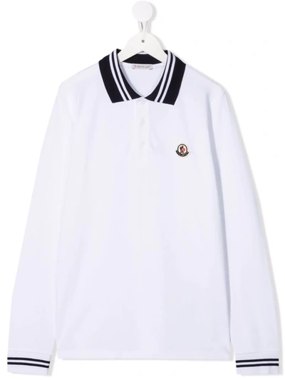 Moncler Kids' Boy's Logo-embroidered Long-sleeve Polo Shirt In White