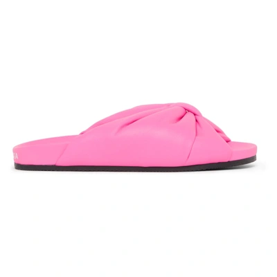 Balenciaga Puffy Gathered-detail Leather Slides In 5390 Fluo Pink/white