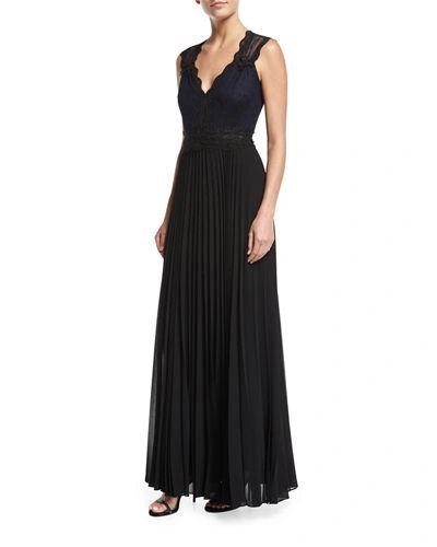 Kobi Halperin Dion Sleeveless Lace Beaded Evening Gown W/ Pleated Skirt In Blue/black