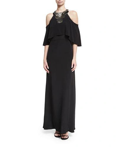 Kobi Halperin Kellen Cold-shoulder Embellished Halter Silk Evening Gown In Black